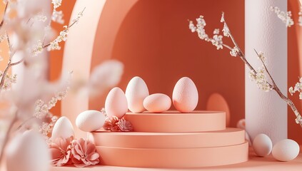 Poster - Soft Peach Themed Easter Decoration Featuring Delicate Eggs and Blossoming Flowers : Generative AI