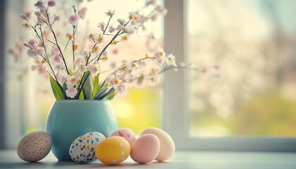 Poster - Charming Display of Easter Eggs and Fresh Blossoms in a Bright Sunlit Room : Generative AI