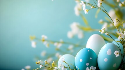 Poster - Charming turquoise and white polka dot Easter eggs surrounded by gentle flowers for a vibrant spring vibe : Generative AI