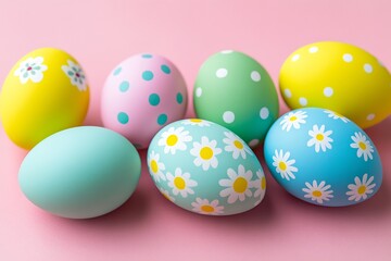 Poster - Colorful Easter Eggs with Floral and Polka Dot Designs on Pink Background for Festive Celebrations : Generative AI