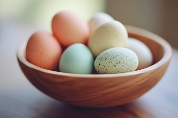 Poster - Delicate assortment of speckled and solid pastel eggs in a natural wooden bowl capturing the essence of spring celebrations : Generative AI