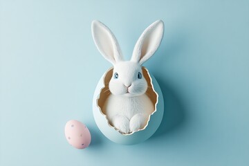 Poster - Fluffy white bunny nestled in a broken eggshell with a pastel pink egg on a soothing blue background : Generative AI