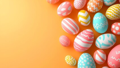 Poster - Vibrant Easter eggs artistically arranged against a warm orange backdrop for festive occasions : Generative AI