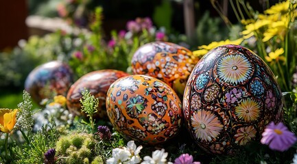 Poster - Vibrant Easter eggs embellished with intricate floral designs resting among bright blooming flowers : Generative AI