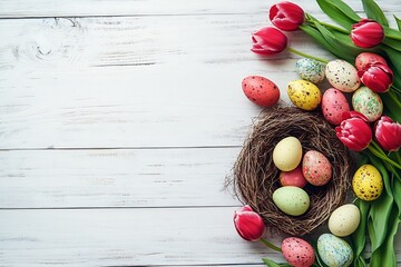 Poster - Vibrant Easter Scene Featuring Decorative Eggs, Fresh Tulips, and a Nest on a Rustic Table : Generative AI
