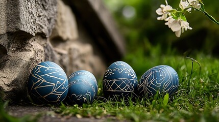 Poster - Beautifully crafted blue Easter eggs resting on lush green grass in a serene outdoor setting : Generative AI