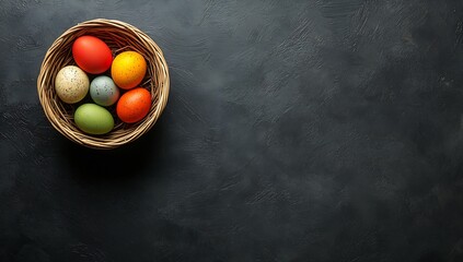 Poster - Charming basket filled with assorted colorful Easter eggs set against a dark textured backdrop : Generative AI