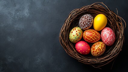 Poster - An appealing assortment of colorful eggs in a woven basket with a dark background capturing the essence of Easter weekends : Generative AI