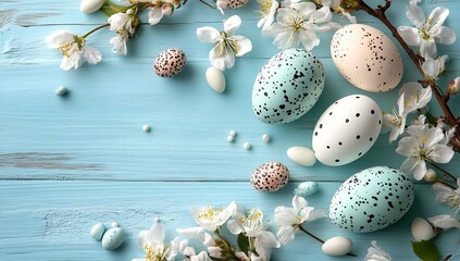 Poster - Playful speckled Easter eggs resting among cherry blossoms on a rustic blue wooden surface : Generative AI