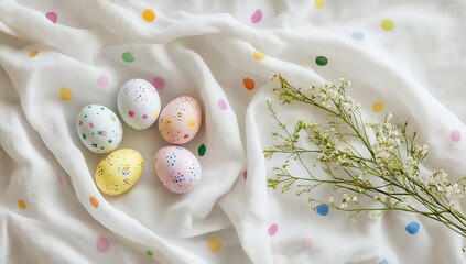 Poster - Charming collection of pastel easter eggs on fabric with delicate flower accents for spring vibes : Generative AI