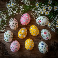 Poster - Colorful Decorative Easter Eggs Surrounded by Fresh White Flowers on Rustic Wooden Background : Generative AI