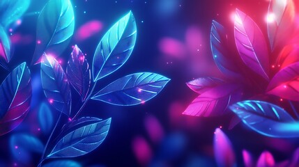 Poster - Vibrant glowing leaves in shades of blue and pink creating an enchanting backdrop for artistic projects and themes : Generative AI
