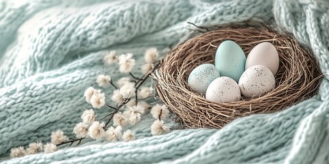 Poster - Elegant Nest Filled with Speckled Eggs and Soft Texture on Cozy Surface : Generative AI
