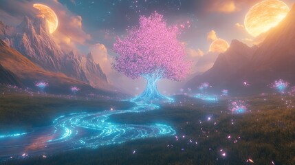 Poster - Stunning pink tree glowing by a tranquil river surrounded by a magical landscape under two planets : Generative AI