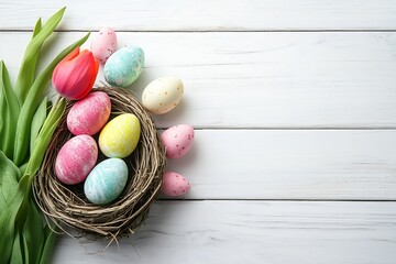 Poster - Delicate pastel Easter eggs displayed in a natural nest with tulip flowers on a wooden table : Generative AI