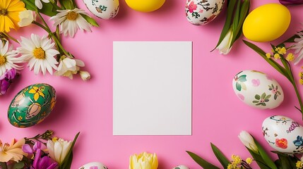 Poster - Colorful Easter Eggs Surrounded by Fresh Flowers and Blank Space for Creative Designs : Generative AI