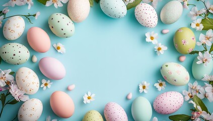 Poster - Elegant assortment of decorative Easter eggs beautifully arranged with fresh flowers and greenery : Generative AI