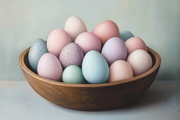 Fototapete - Stylishly painted pastel eggs in a wooden bowl against a soft background creating a serene ambiance : Generative AI