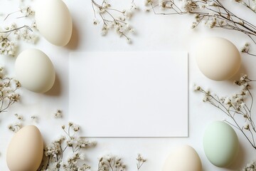 Poster - Serene flat lay of pastel eggs surrounded by delicate blooms on a soft textured surface : Generative AI