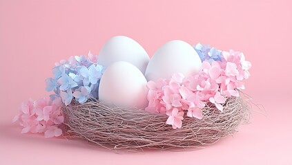 Poster - Elegant white Easter eggs nestled in a beautiful floral arrangement with pastel colors and a soft background : Generative AI