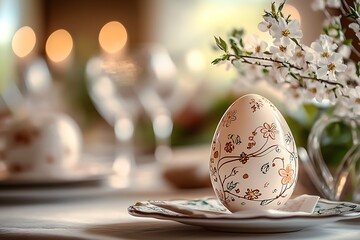 Poster - Striking egg with floral motifs surrounded by a serene table setting in soft light : Generative AI