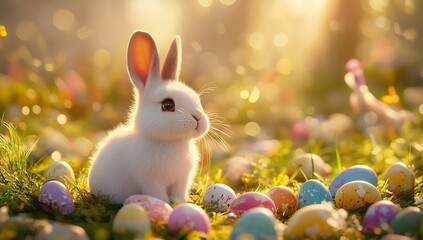 Poster - Charming white rabbit sitting among a variety of bright Easter eggs in warm sunlight : Generative AI