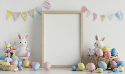Poster - Charming Easter Decoration with Colorful Eggs and Cute Bunnies by a Blank Frame : Generative AI