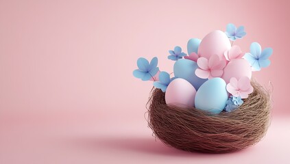 Poster - Charming arrangement of pastel Easter eggs surrounded by flowers in a cozy nest on a soft pink background : Generative AI