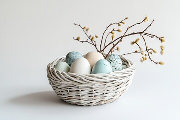 Poster - Elegant Handmade Woven Basket Filled with Pastel Eggs Accented by Delicate Spring Branches : Generative AI