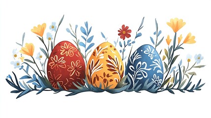 Poster - Three vibrantly decorated Easter eggs surrounded by cheerful spring flowers and greenery : Generative AI