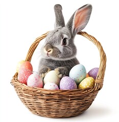 Poster - Charming grey rabbit nestled among vibrant Easter eggs in a woven basket celebrating the holiday : Generative AI