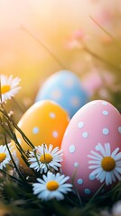 Poster - Beautifully decorated Easter eggs displayed among white daisies and lush green grass illuminated by sunlight : Generative AI