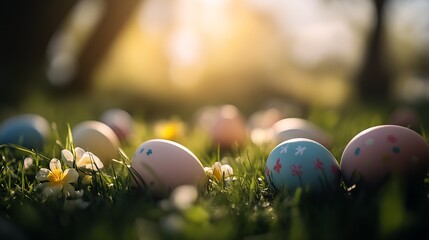 Poster - A variety of pastel colored Easter eggs lying in grass with daisies under the afternoon sunlight : Generative AI