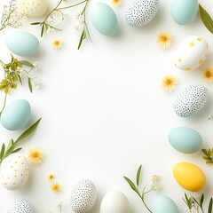 Poster - A delightful arrangement of pastel Easter eggs and flowers on a white surface offering a vibrant spring touch : Generative AI