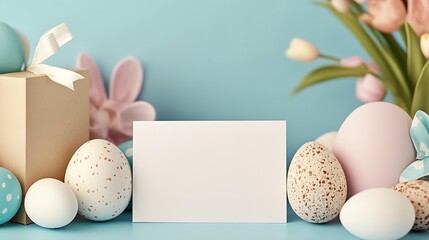 Poster - Beautiful Easter setup with decorative eggs and a gift box alongside colorful florals on blue : Generative AI