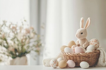 Poster - Lovely Easter Bunny Sitting on a Basket of Soft Colored Eggs with a Background of Delicate Blooms : Generative AI