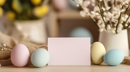 Poster - Artful arrangement of Easter eggs and spring flowers with a blank card for notes or greetings : Generative AI