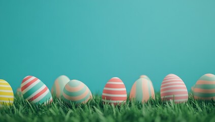 Poster - Charming pastel striped Easter eggs resting in lush green grass under a beautiful blue sky for spring festivities : Generative AI