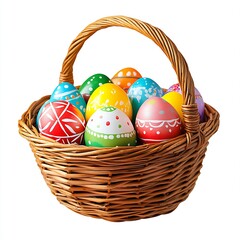 Poster - Delightful wicker basket brimming with artistically painted eggs in bright hues perfect for Easter festivities : Generative AI