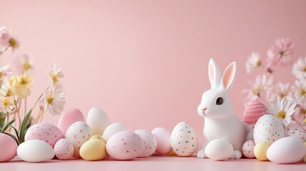 Poster - Adorable white bunny amidst colorful eggs and blossoms on a gentle pink background illustrating spring joy and warmth : Generative AI