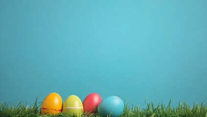 Poster - Assorted Brightly Colored Easter Eggs Sitting on Lush Green Grass with a Soft Blue Background : Generative AI