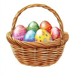 Poster - Vibrant Easter eggs displayed in a rustic woven basket ideal for spring festivals and family gatherings : Generative AI