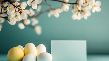 Poster - Sophisticated Easter display featuring eggs and blossoms on a gentle blue backdrop for festive decor : Generative AI