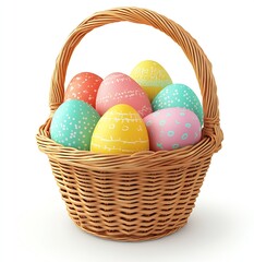 Poster - Charming Easter Eggs with Bright Colors and Patterns in a Woven Basket for Spring Festivities : Generative AI