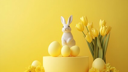 Poster - Charming bunny figurine with yellow eggs and vibrant tulips creating a festive mood on a bright yellow background : Generative AI