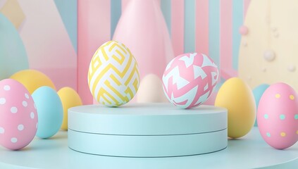 Poster - Vibrant and artistic Easter egg arrangement with playful patterns and soft textures : Generative AI