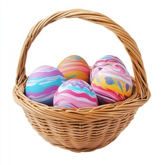 Poster - Artfully marbled Easter eggs nestled in a rustic wicker basket for spring festivities : Generative AI
