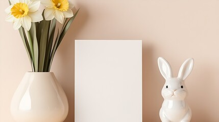 Aufkleber - Elegant display of a daffodil bouquet in a ceramic vase accompanied by a cute bunny figurine on a light backdrop : Generative AI