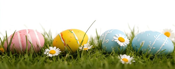 Poster - A variety of beautifully painted Easter eggs on a grassy background with flowers : Generative AI