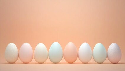 Poster - Elegant display of soft-colored eggs in various shapes arranged on a tranquil pastel background : Generative AI